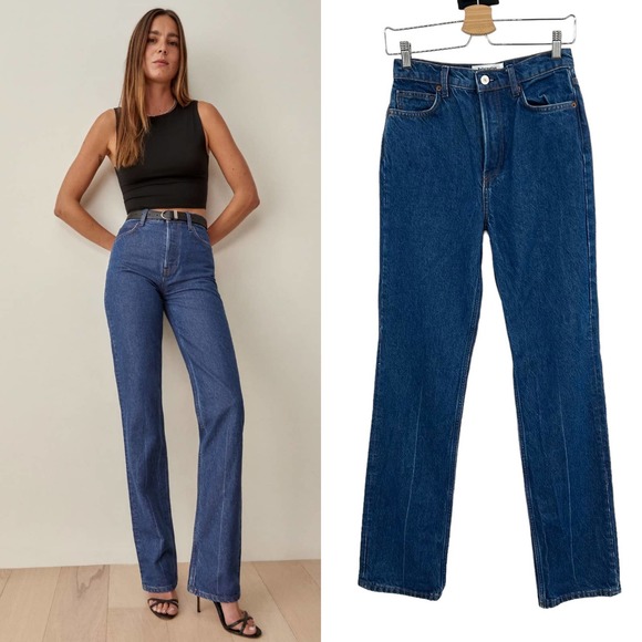 Reformation Denim - Reformation Cynthia High Rise Straight Long Jeans in Cesme Blue Denim Size 26